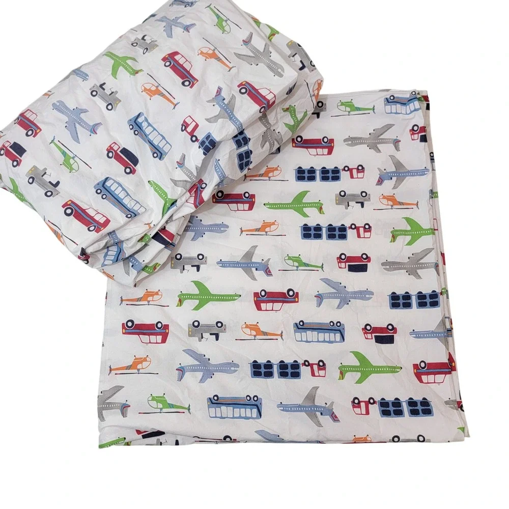 Pottery Barn Kids Full Flat Sheet Transportation Airplanes Cars Blue Red Green